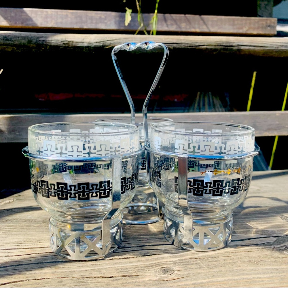 Vintage 60s Bar Set - 3 MCM Spirit Glasses & Caddy
